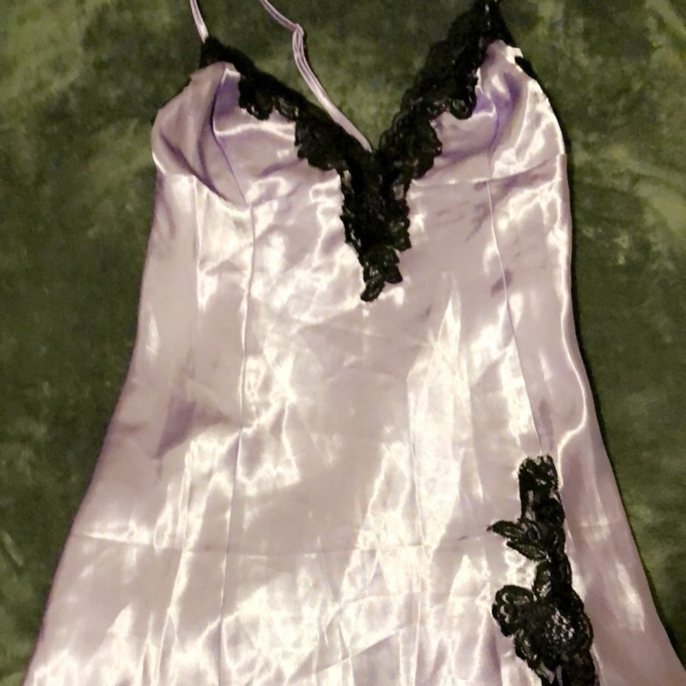 Lilac satin slip with black lace